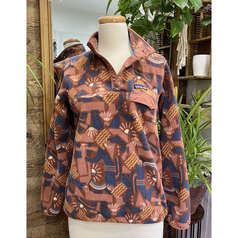 Patagonia L Synchilla Canyon Block Big Sisu Brown Pink Geometric Fleece Boho